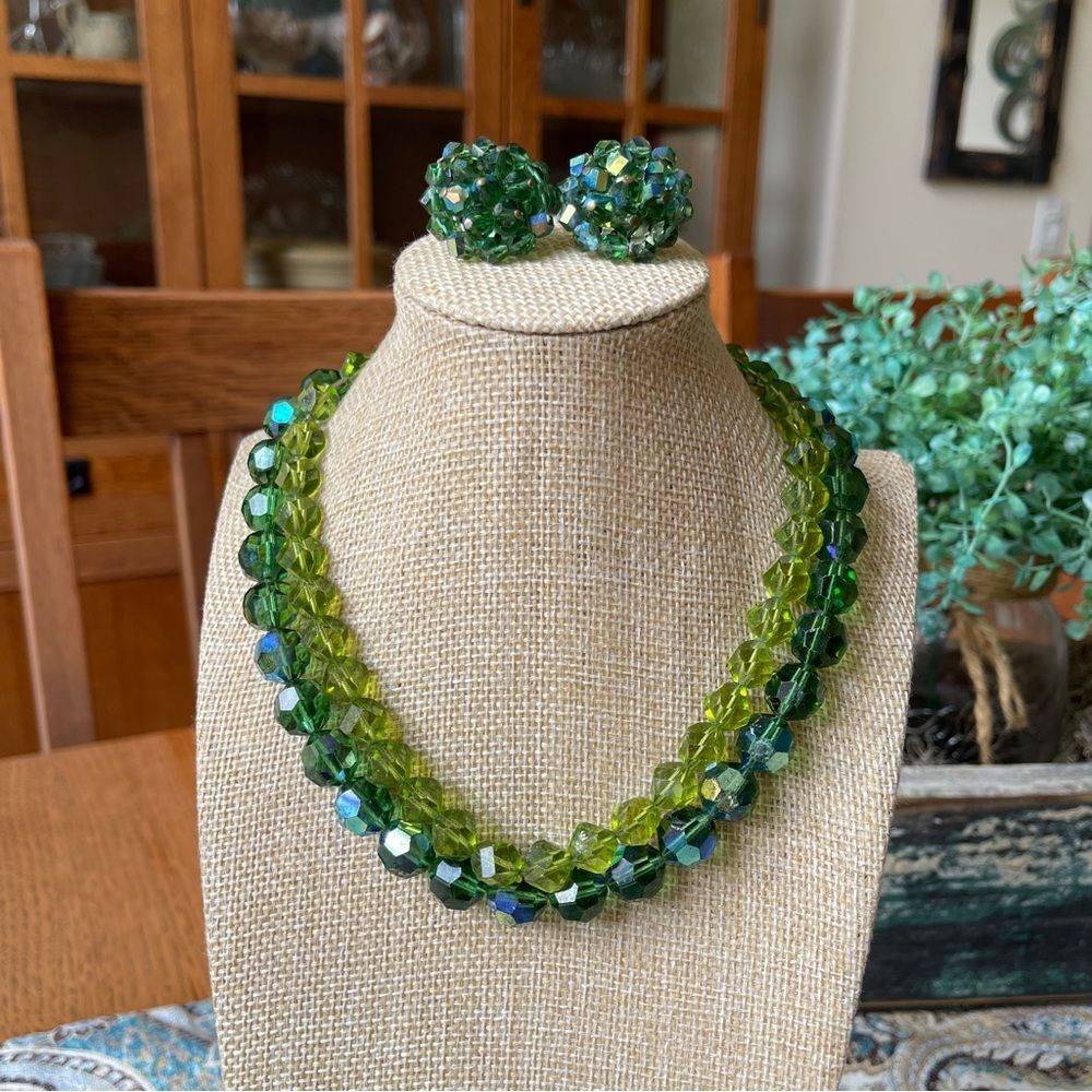 Vendome Green Aurora Borealis Crystal Double Necklace Earrings Set Vintage 1950s